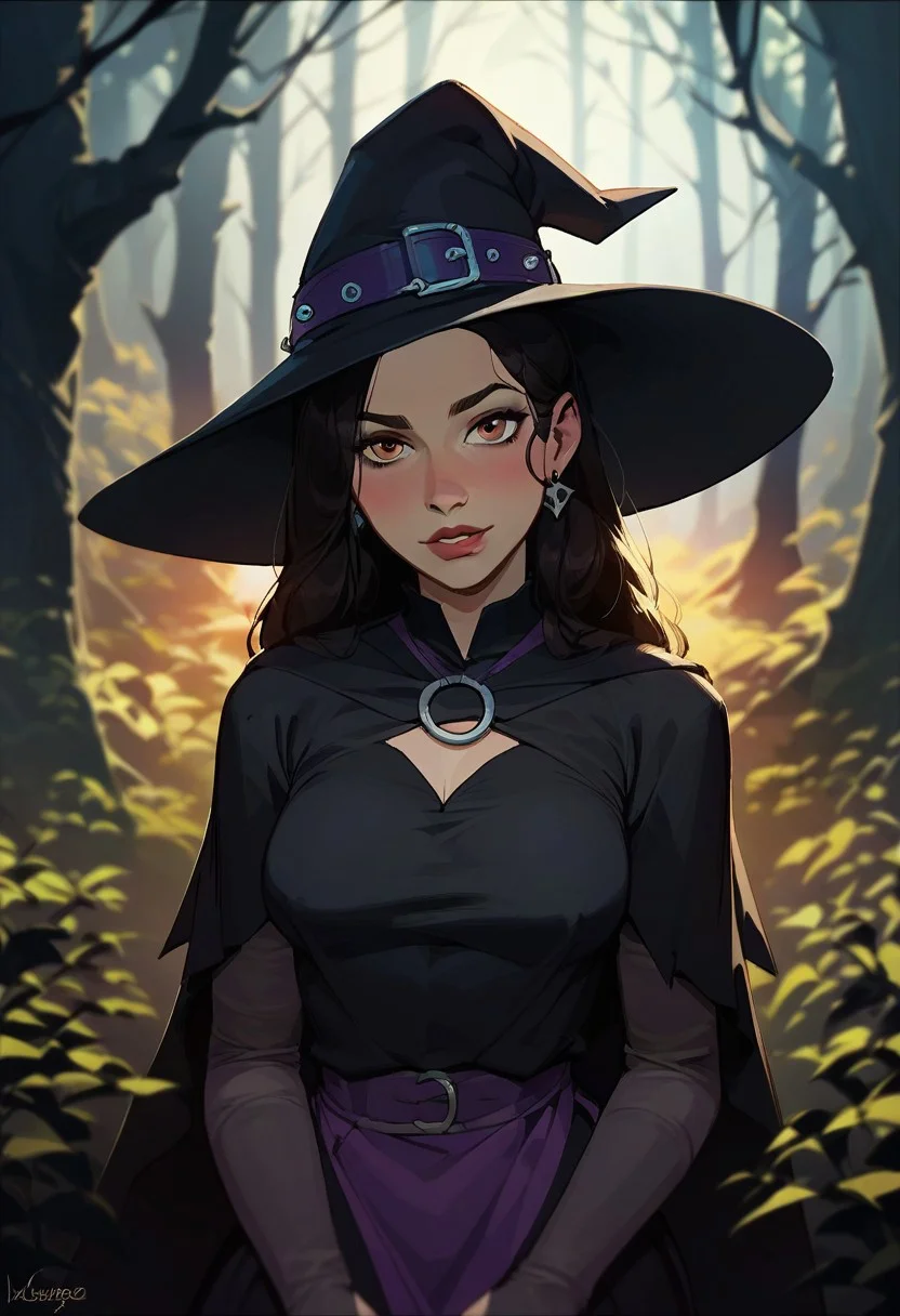 score_9, score_8_up, score_8_up, sexy woman, witch, witch outfit, dark forest, highly detailed, dynamic lighting, depth of field, absurdres, best quality,