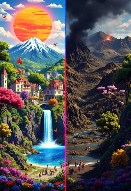 Very detailed, realistic photo of a landscape. beautiful colorful, lively fantasy city. deserted, dark, lifeless wasteland. left side is beautiful. living waterfall, colorful asymmetrical and abstract flowers and trees, sun, animals, people, city, houses.
On the right you can see a destroyed mountain landscape after a volcanic eruption. no life, scorched earth, burned trees, smoke darkens the sky.
The right landscape looks dark while the left side is bright and lively.
perfection style, vivid colors, colorful, dark background,
NewFantasyCore, aidmamj6.1