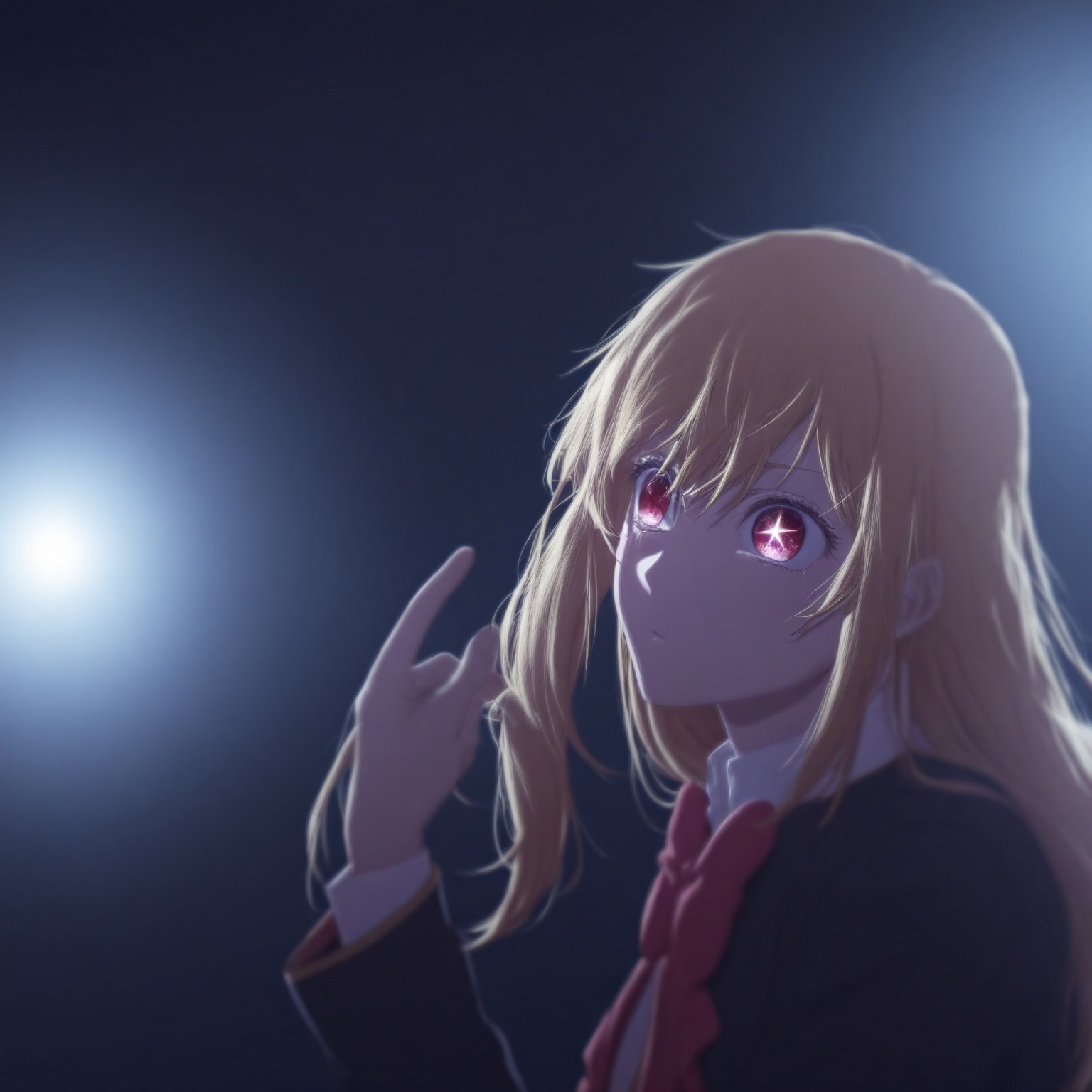 detailed, sinfully stylish, dramatic lighting, long shadows, soft light, anime, 1girl, Ruby, blonde hair, red eyes, star eyes, school uniform