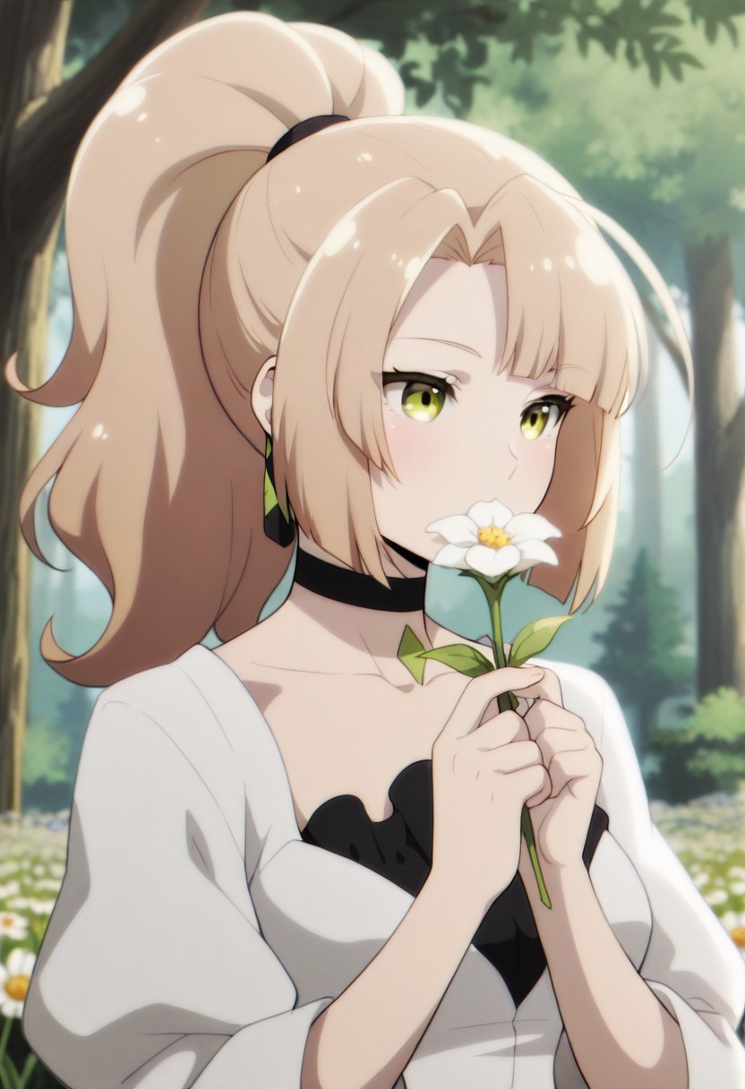 masterpiece,best quality,amazing quality, lorraine vivie, light brown hair, long hair, yellow-green eyes, 1girl, solo, flower, holding, holding flower, ponytail, choker,  tree