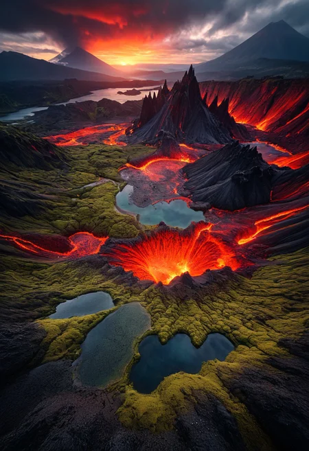 ultra HD, high quality, 4K, score_9, score_8_up, score_7_up, photo, extremely detailed, 8k, high quality, Source_photo, real photo, sharp, highly detailed and hyper realistic,masterpiece, masterpiece, best quality, vivid colors, high quality, RAW photo, (fantasy landscape:1.2),(surreal landscape:1), neo-expressionist aerial landscape photograph, volcanic textures, ethereal light play, moss-covered ridges merging with crystalline lakes, geological forces meeting atmospheric drama of red and grey sky --style ethereal, hyper-detailed realism, 8k quality, masterpiece clarity, spatial composition, subtle interplay of shadows and luminous highlights, epic landscape, colorful scenery,
, detailmaximizer, midjourneyv6.1,