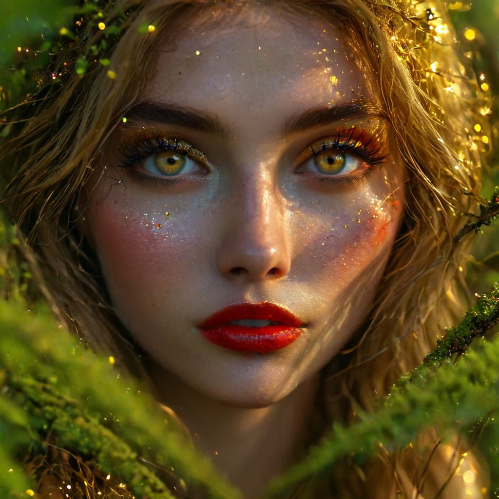 A hidden clearing, moss-draped forest, pulsed, otherworldly glow light. A bonfire, branches of rowan, (dancing shadows:1.2),  whirlwind of violet and gold, surprised look on her face, detailed green/blue eyes, (red lipstick with brown tones) (detailed face:1.2), (golden glitter:1.2), hair mixed with leaves