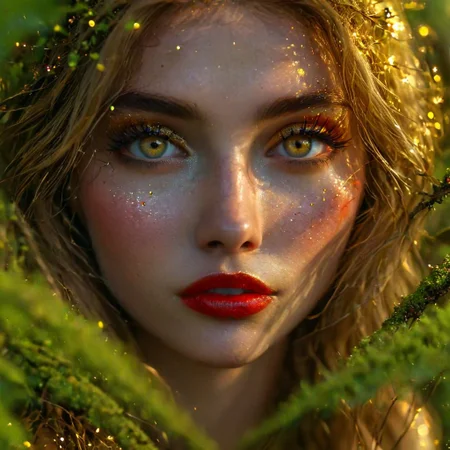 A hidden clearing, moss-draped forest, pulsed, otherworldly glow light. A bonfire, branches of rowan, (dancing shadows:1.2), whirlwind of violet and gold, surprised look on her face, detailed green/blue eyes, (red lipstick with brown tones) (detailed face:1.2), (golden glitter:1.2), hair mixed with leaves
