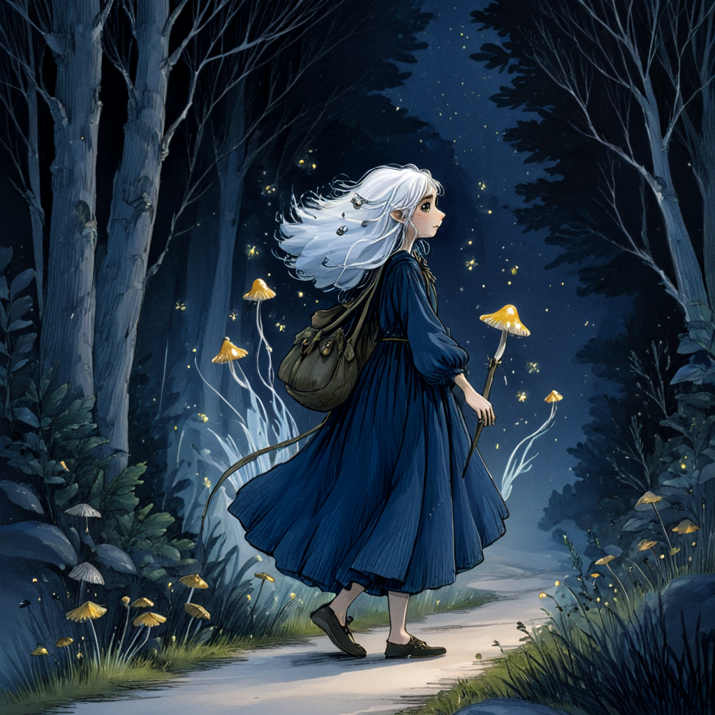 <lora:DarkGhibliMJ7SDXL:1> Studio Ghibli Dark Fairytale, The image is a digital illustration of a young girl walking through a forest at night. She is wearing a long blue dress and has long white hair that is flowing in the wind. The girl is holding a wand in her right hand and a book in her left hand. She appears to be walking on a path that winds through the forest. The background is filled with tall trees and bushes and there are small yellow mushrooms scattered throughout the scene. The sky is dark and filled with stars creating a magical atmosphere. The overall mood of the image is peaceful and serene., 1girl, mushroom, bag, white hair, long hair, solo, bug, dress, fireflies, outdoors