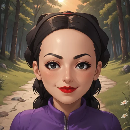 score_9, score_8, BREAK, solo, wii, mii, wii sports, 1girl, female mii, black hair, black eyebrows, black eyes, blush, red lips, lipstick, purple clothing, white pants, sneakers, breasts, nintendo mii, modern_mii, classic_mii, Mirtha_(OC_Mii), cute, adult female, mature female, sexy pose, self portrait, smile, looking at viewer, outdoors, sunlight, shadows, evening lighting, natural lighting, forest, trees, grass, orange sky, sunset