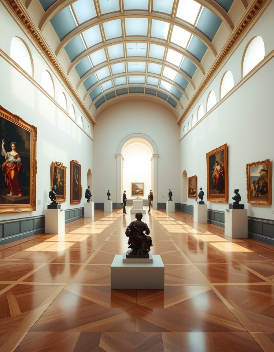 A high-resolution photograph of the interior of a grand art museum, featuring vast halls with high ceilings, intricate architectural details, and polished marble floors. The museum is illuminated by soft, natural light filtering through large arched windows, casting gentle shadows on the walls adorned with classical and modern paintings in ornate golden frames. In the center, a marble sculpture stands on a pedestal, surrounded by velvet ropes. Visitors walk around, some admiring the artwork, others engaged in quiet discussions. The atmosphere is serene and intellectual, with a warm color palette of beige, gold, and deep reds enhancing the elegance of the scene. The perspective is wide-angle, capturing the depth and scale of the museum, evoking a sense of awe and admiration.
<lora:SDXLFaeTastic2400:0.4> <lora:extremely_detailed:0.4> extremely detailed, <lora:art_mus3um:1>,art mus3um, Masterpiece,best quality,hi res,8k,hi res,8k,award winning,(sharp focus, intricate, highly detailed),