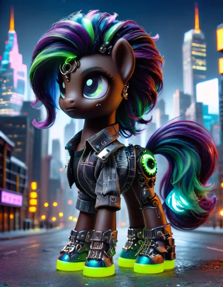 masterpiece, dynamic pose, a gorgeous (dark skin) pony over a future cityscape, depth of field, oversized shirt, off one shoulder, (shiny skin:1.4), cold lighting, detailed face, clear eyes, depth of field, messy hair, (intricate), machines, navel piercing, shy, mechanical parts, mechanical legs, glowing eyes, detailed eyes, detailed background, neon trim, neon lights made out of ral-bling <lora:ral-ltlpowny:1>