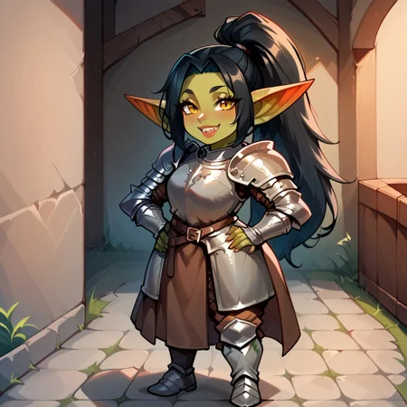 1girl, black hair, ponytail, sharp teeth, enormous lips, medieval armor, closeup, goblin woman, green skin, medieval clothes, large smile, boisterous smile, Expressiveh, yellow eyes, very muscular, pointed ears, female goblin, Goblin, solo, long hair, gremlin energy, mischievous smile, very short woman, mega ponytail, fully clothed, short stature, shortstack, full armor, plate armor