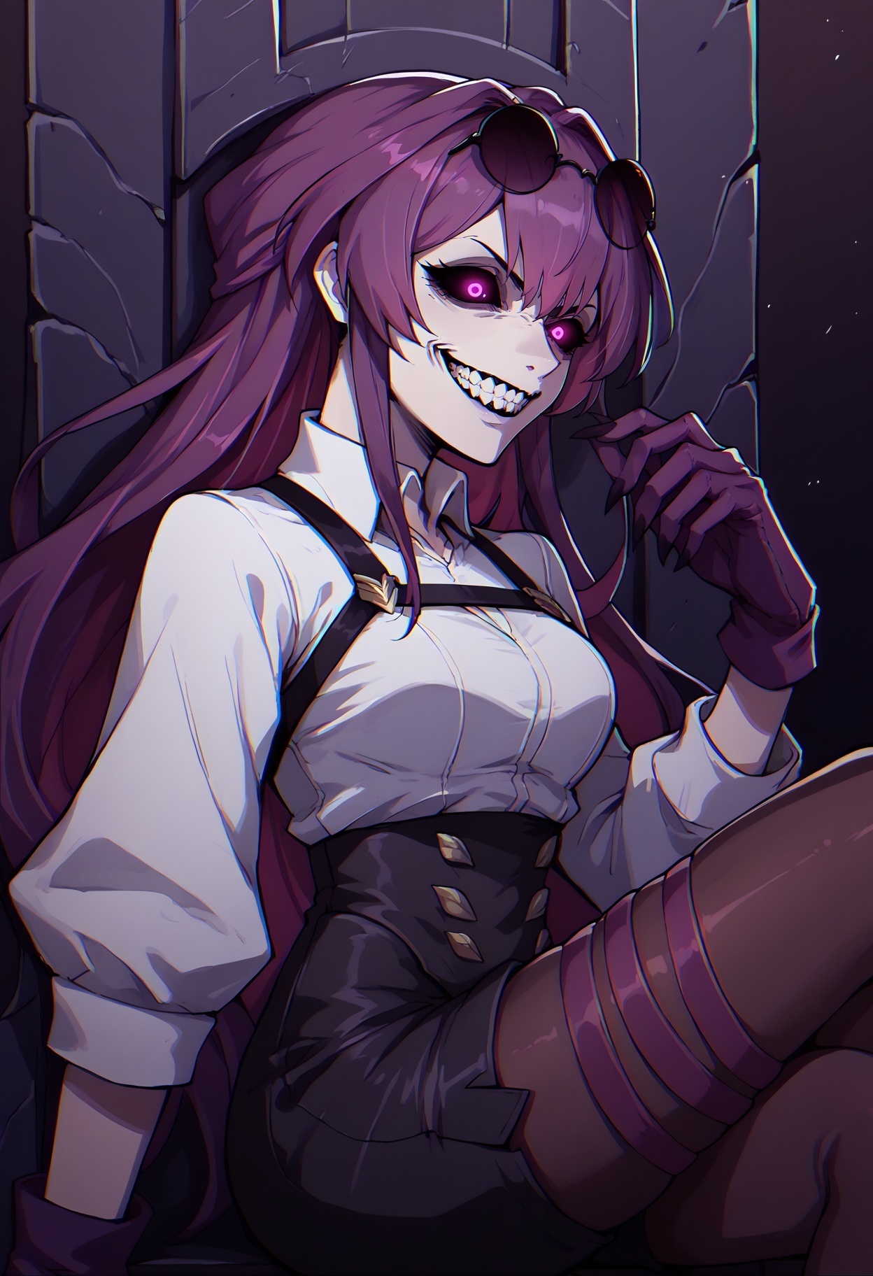 score_9,score_8_up,score_7_up, source_anime,
solgo, sharp teeth, evil grin, black sclera, glowing eyes,portrait, from side, sitting, throne,
potkafka,purple hair,purple eyes,eyewear on head,purple gloves,white shirt,high-waist shorts,pantyhose under shorts,thigh strap
<lora:potkafka_v1.6:0.9>,  
<lora:chromaticAberrationPDXL2_v3:0.5> chromatic aberration   <lora:soloLevelingStatueGrin_v10:1>