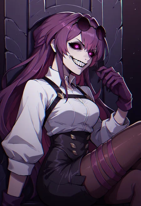 score_9,score_8_up,score_7_up, source_anime,
solgo, sharp teeth, evil grin, black sclera, glowing eyes,portrait, from side, sitting, throne,
potkafka,purple hair,purple eyes,eyewear on head,purple gloves,white shirt,high-waist shorts,pantyhose under shorts,thigh strap
<lora:potkafka_v1.6:0.9>,
<lora:chromaticAberrationPDXL2_v3:0.5> chromatic aberration <lora:soloLevelingStatueGrin_v10:1>
