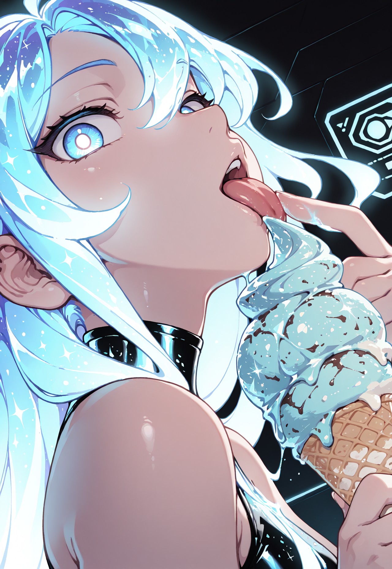 masterpiece, best quality, amazing quality, solo,1girl, 
close up, dynamic angle, dutch angle, wabi sabi, woman, licking ice cream, holographic ice cream, holofoil glitter ice cream, faint, glowing, ethereal, neon hair, glowing hair, long hair, looking at viewer, sci-fi,