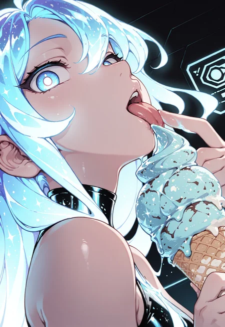 masterpiece, best quality, amazing quality, solo,1girl, 
close up, dynamic angle, dutch angle, wabi sabi, woman, licking ice cream, holographic ice cream, holofoil glitter ice cream, faint, glowing, ethereal, neon hair, glowing hair, long hair, looking at viewer, sci-fi,