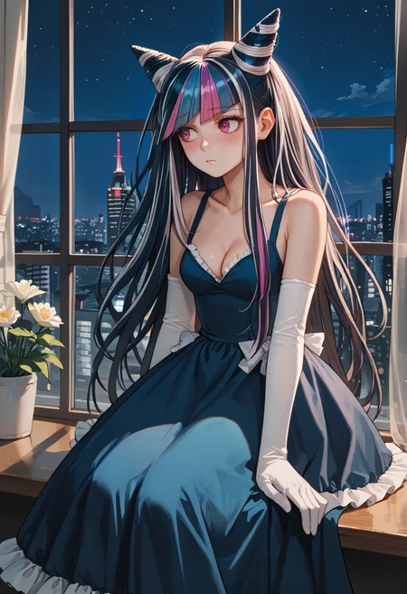 score_9, score_8_up, score_7_up, source_anime, 1girl, shy, looking to the side, blush, <lora:IbukiDR-pdxl:1> defIbuki, long hair, multicolored hair, cone hair bun, medium breasts, cleavage, frilled dress, multicolored dress, elbow gloves, formal, indoors, night, window, city