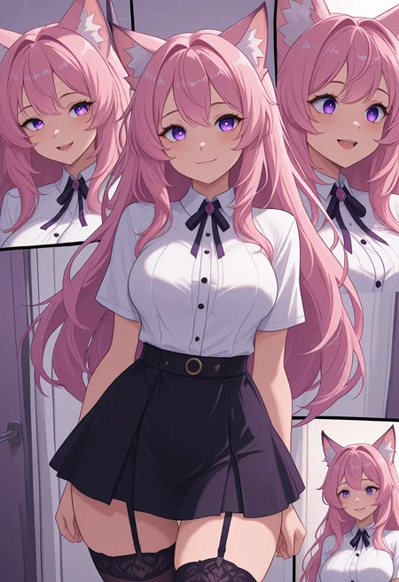 2girls, 1 girl with cat ears, 1 girl with fox ears,(masterpiece, best quality:1.3), purple_eyes, pink_hair, stockings with garter belt, cat_ears, yandere, happy, embaressed, medium breasts, loving_gaze, looking_at_viewer, white shirt with buttons, black skirt, adult, multiple_views,  <lora:CatgirlPanel_Illustrious_v2-000008:0.8>, multiple views, comic,  <lora:CatgirlStyle-000014:0.8>, CatGirlStyle