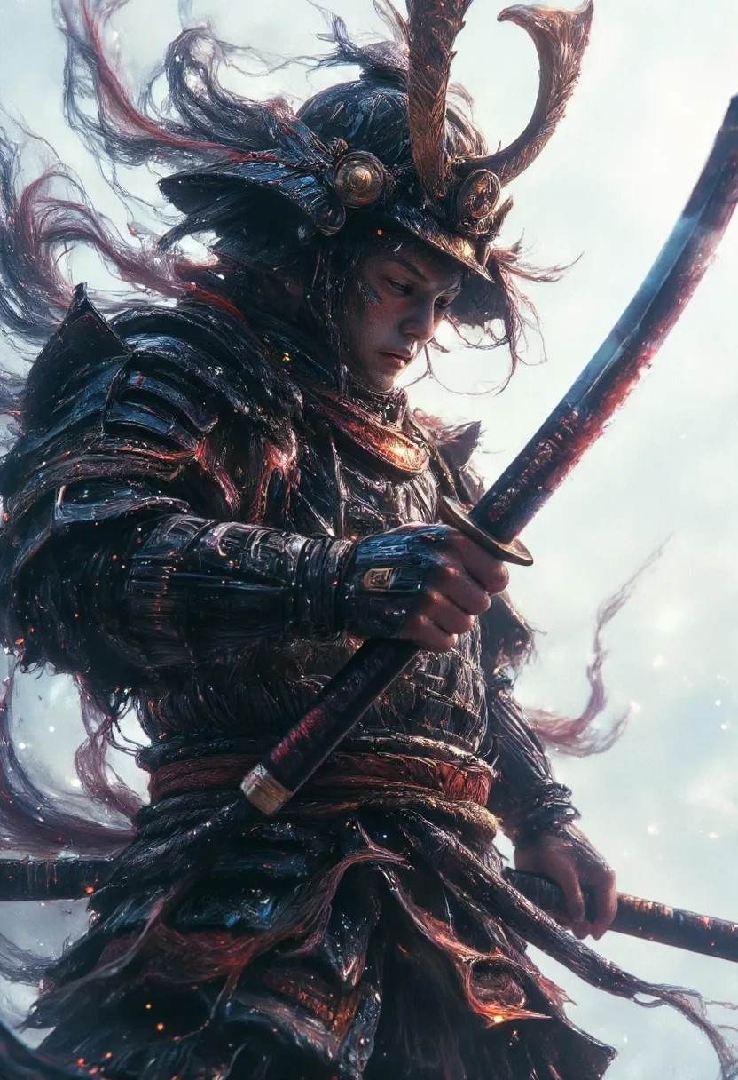 a dipiction of a samurai warrior wielding a katana, blending form with reality. Glitching the surreal with blurred dreams on a white background. Woven light fuses delicatly with whispering shimmers creating a eyecatching and masterpiece artwork. drifting fog, cracked light and smokey haze in floating threads finishes the dreamlike reality.