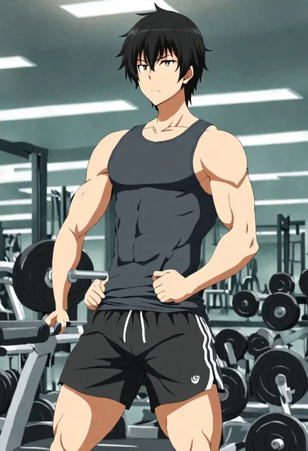 high resolution, solo, best quality, 1Boy, Kanie Seiya, Black Hair, Gym, tank top, shorts, exercise, sixpack, OverallDetail