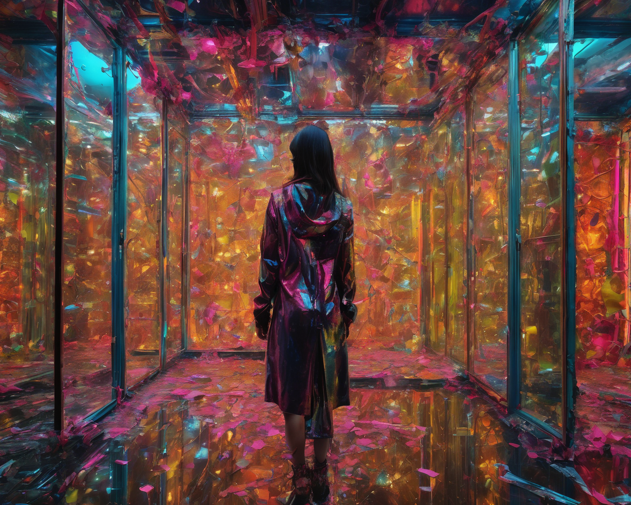 Hyperrealistic art Technopunk,photolab,Kodak portra,Light caustics,Color splash,Multiple layers of silhouette,Pencil painting,trending on CGSociety,"Through shattered mirrors of memories,reflections of a soul emerge,fragmented yet beautiful.",dripping fluorescent colorfull,(Wonderful, intricate),(a superb Art Brut Decollage art),<lora:Sweet_Sticky_xl-01:1> . Extremely high-resolution details, photographic, realism pushed to extreme, fine texture, incredibly lifelike