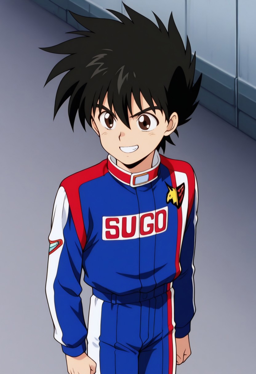 masterpiece,best quality,amazing quality, source_anime,
hayatokazami, 1boy, male focus, solo, brown eyes, black hair, racing suit, jumpsuit, blue jumpsuit, multicolored jumpsuit, smile, grin,
