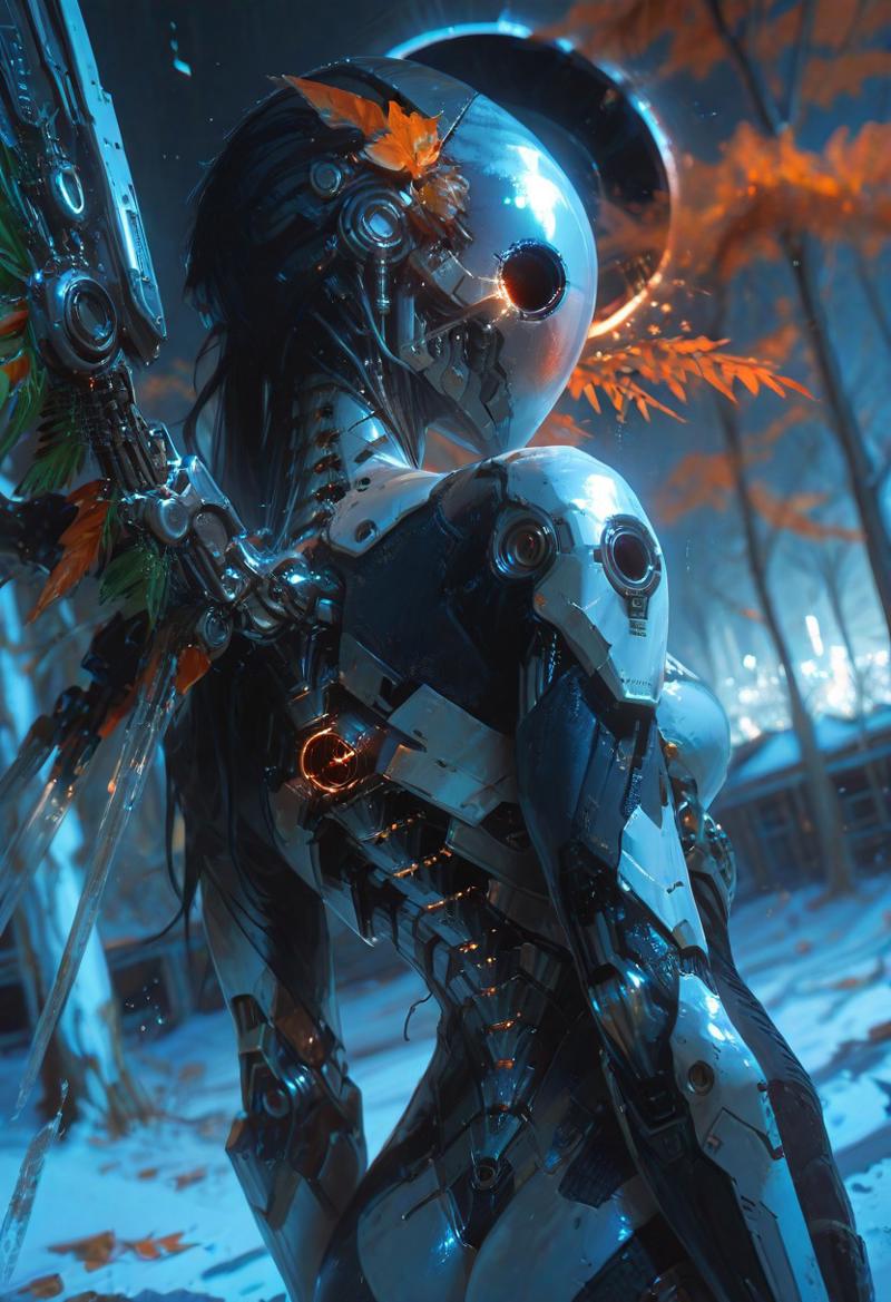 masterpiece, best quality, amazing quality, very aesthetic, absurdres, newest, volumetric lighting, holographic colors, cute, gradient colors, dark background, BREAK  ambient occlusion, raytracing, soft lighting, blum effect, masterpiece, absolutely eye-catching, particles, glow, shining, intricate cinematic background, 
BREAK
explicit, Cyborg killer.1girl, solo, cyborg,,reflection, visor, abstract, jacquard fabric, techwear, detailed helmet,mcnm, visor, intricate detail, 1girl, long hair, black hair, facing away, mechanical wings, mechanical spine, black hole, from behind, no lineart, realistic,  BREAK outdoors, trees, ferns, binary, snow, orange leaves, dutch angle,  pose, soft shadows, dramatic lighting, detailed textures, intimate atmosphere, intricate details, (blurry background, depth of field:1.1) close up,,usnr, 748cmstyle, gbf_style.cybervision.