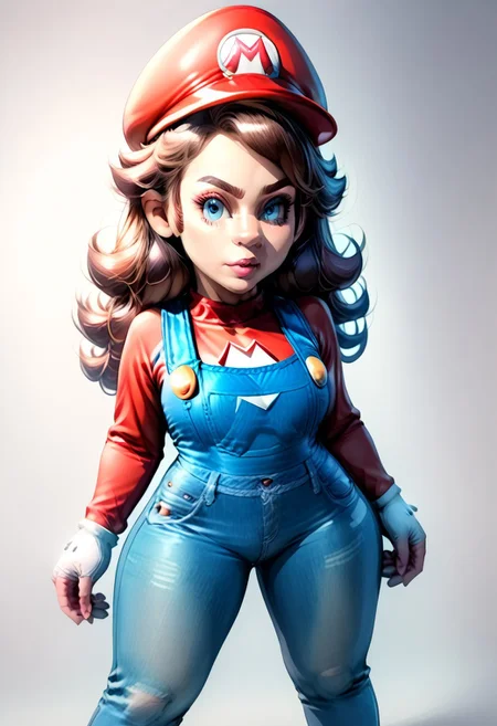 <lora:MtF_Genderswap:1>, genderswap \(mtf\), Mario, facing forward, mario hat, adult woman, extremely large nose, extremely bulbous nose, very wide face, circular head shape, wide chin, wide jawline, brown hair, lightly curly hair, blue eyes, average bust, wide hips, denim coveralls, red shirt, fully clothed, zPDXL, score_9, score_8_up, score_7_up, score_6_up, score_5_up, score_4_up,
full body render, full body, photorealistic image, realistic image, high quality, detailed face, realistic human proportions, detailed clothes, even lighting,