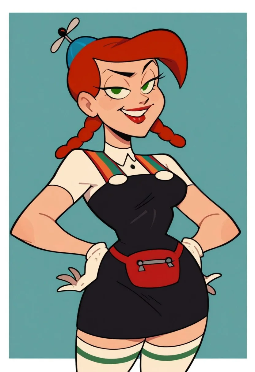 score_9_up, score_8_up, score_7_up, source_cartoon, flat colors, 1girl, solo, auntg, red hair, twin braids, hat, green eyes, lipstick, white gloves, black dress, short sleeves, pouch, white thighhighs, looking at viewer, smile, teeth, hands on hips, cowboy shot, simple background, blue background, outside border