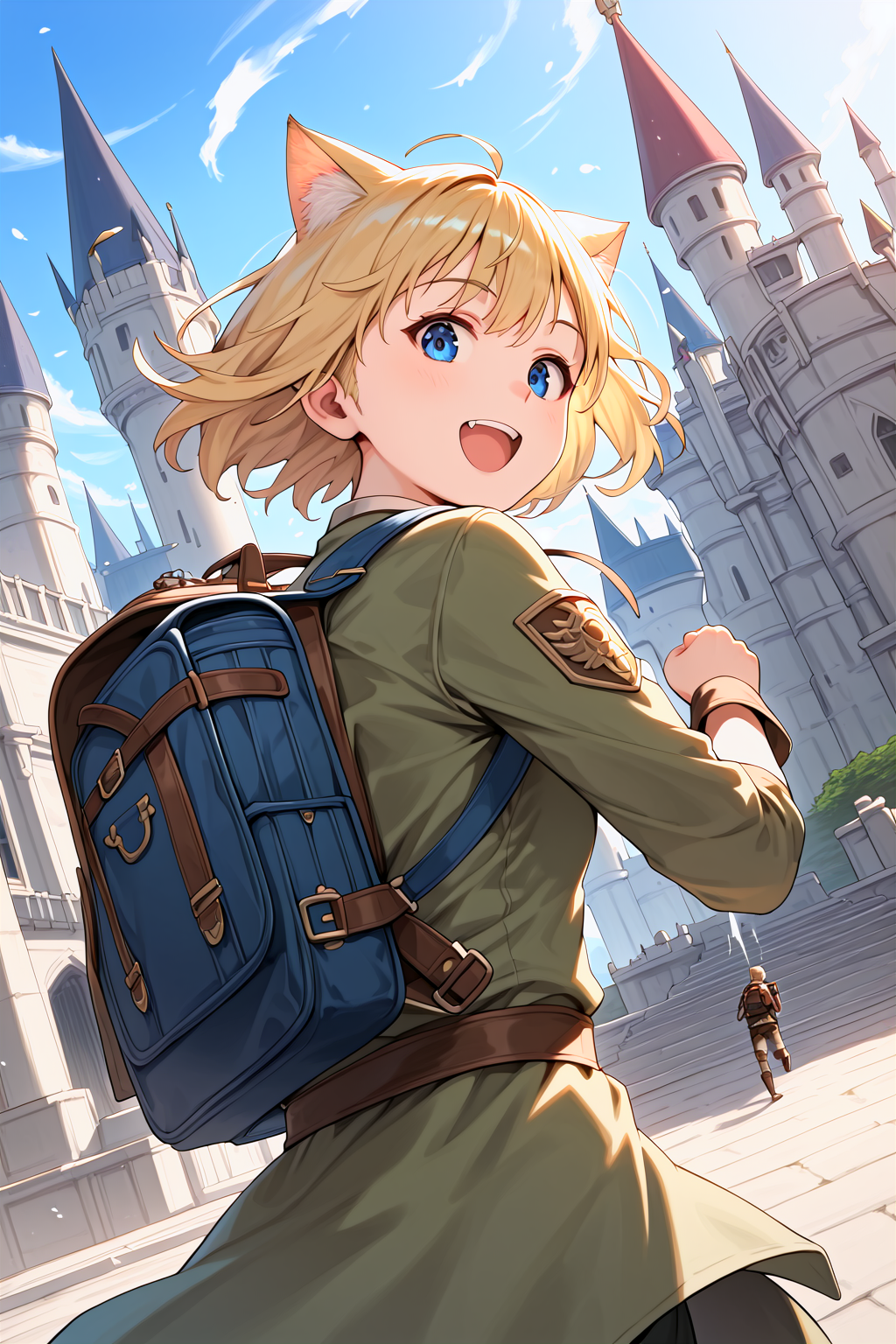 score_9, best quality,
1girl,solo,(fantasy,adventurer:1.2),blonde short hair, soldier,(cat ears:0.8),from back, backpack,   looking at viewer,(kind smile:0.6),castle,upper body,dynamic, motion,wind,running,talk,open mouth,blue eyes,face,from below,dutch angle