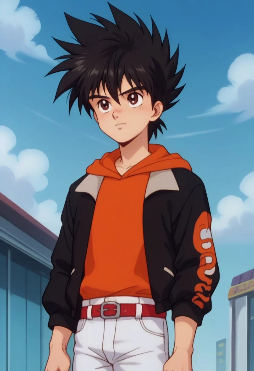 score_9, score_8_up, score_7_up, source_anime, highly detailed,
hayatokazami, 1boy, male focus, solo, hoodie, black hair, brown eyes, spiked hair, hood,
upper body, orange hoodie, jacket, open jacket, belt, red belt, white pants,
outdoor, sky,