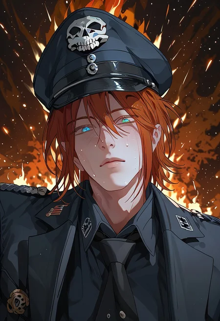 score_9, score_8_up, score_7_up, score_6_up, source_anime, 2d, 1boy, handsome boy, athletic body, manly boy, toned body, toned, male focus, solo, sweat, <lora:Chaos__Hero_Killer__Manhwa__webtoon:1>, Chaos, heterochromia, blue eye, green eye, auburn hair, medium hair, scars all over the body, closed lips, perface face, (perfect face, perfect eyes:1.2), looking at viewer, bishounen, toned male, solo, athletic build, large pectorals, abs, six pack, pecs, cute boy in his mid twenties, burning background,  <lora:warden-ponyxl-lora-nochekaiser_r1:1>, skull hat ornament, uniform, military uniform, black uniform, hat, cap, black cap, armband, collared shirt, black necktie, hand behind back, straight posture, swastikas armband