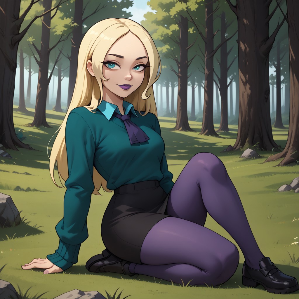 score_9, score_8, BREAK, solo, total drama, 1girl, blonde hair, long hair, white skin, dark turquoise eyes, small eyebags, black eyebrows, pointy nose, purple lips, lipstick, dark green sweater, cyan collared shirt, black skirt, dark purple pantyhose, black shoes, Dawn_(\Total_Drama\), tdroti, cute, sexy pose, self portrait, smile, outdoors, sunlight, shadows, evening lighting, natural lighting, forest, trees, grass, orange sky, sunset