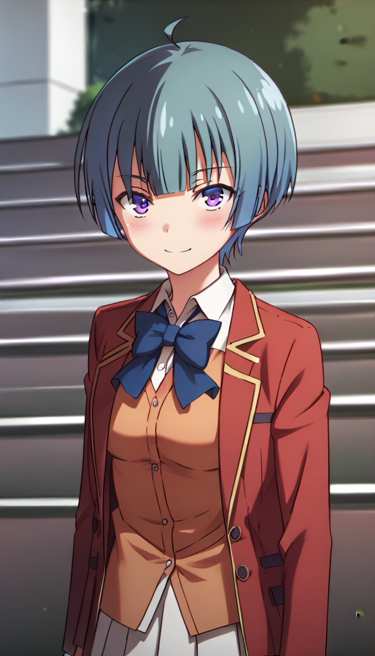 score_9,score_8_up,masterpiece,best quality,correct anatomy,anime_source,1girl,solo,perfect eyes,perfect arms,perfect legs,perfect face,outdoors,upper body,(portrait:1.5),looking at viewer,facing viewer,smile,blush,Ibuki Mio,ahoge,short hair,blue hair,blunt bangs,purple eyes,school uniform,red jacket,blazer,orange cardigan,blue bowtie,white shirt,collared shirt,dress shirt,long sleeves,medium breasts,skindentation,miniskirt,white skirt,pleated skirt,black socks,loafers,brown footwear,<lora:Ibuki Mio(cote)-Pony:1.6>,