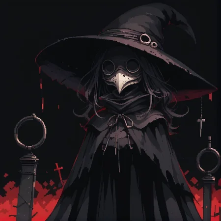 <lora:d3p1x3lXLP:1> d3p1x3l, pixel art
<lora:PlagueDoctor-000008:0.5> plague doctor, pl@gu3,mask, black eyesockets, black eyes,
skinny black background, red outline, 1girl,hat,