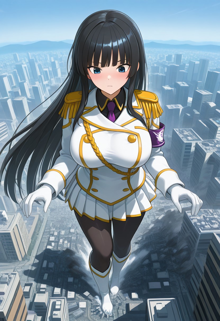 , giantess, full body view, foreshortening, foreshortening, Giantess, City,
aroused , blushing, masterpiece, score_9, score_8_up, score_7_up, score_6_up, score_5_up, score_4_up, 1girl, Ikaruga_XL, long black hair, blunt bangs, hime cut, dark blue eyes, large breasts ,Ikaruga_Shinobi, white military uniform, golden buttons, golden epaulettes, black shirt, purple tie, long sleeves, armband, white gloves, white pleated skirt, black pantyhose, white knee boots
<lora:giantess-ponyxl-lora-nochekaiser:1> giantess, giant, city, building, outdoors, destruction,