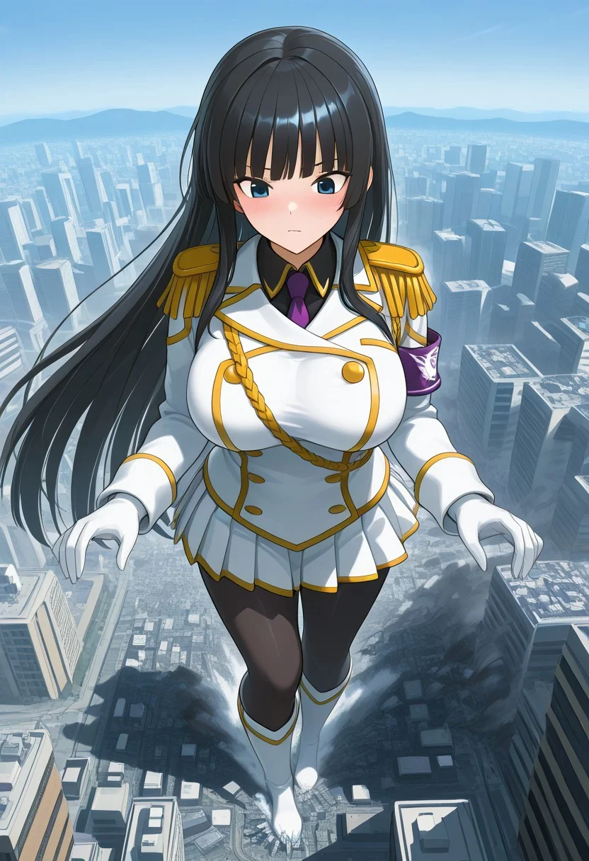 , giantess, full body view, foreshortening, foreshortening, Giantess, City,
aroused , blushing, masterpiece, score_9, score_8_up, score_7_up, score_6_up, score_5_up, score_4_up, 1girl, Ikaruga_XL, long black hair, blunt bangs, hime cut, dark blue eyes, large breasts ,Ikaruga_Shinobi, white military uniform, golden buttons, golden epaulettes, black shirt, purple tie, long sleeves, armband, white gloves, white pleated skirt, black pantyhose, white knee boots
<lora:giantess-ponyxl-lora-nochekaiser:1> giantess, giant, city, building, outdoors, destruction,