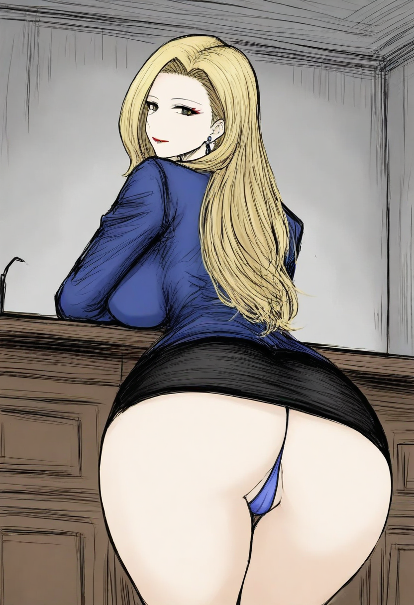,masterpiece, detailed face, cinematic lighting, volumetric lighting, bloom, rim lighting, post processingcsr style, source_anime, uncensored, Onna Shachou, leaning forward, leaning on windowsill, from behind, cowboy shot, 1girl, mature female, solo, facing sway, blonde hair, long hair, earrings, makeup, lipstick, brown eyes, office lady, blue jacket, miniskirt, black skirt, ass, thong, pantyshot, curvy, large breasts, thick thighs, indoors, room, day, window,blackss <lora:Black_souls_ill-000015IL:1>