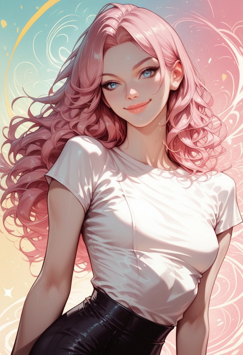 score_9, score_8_up, score_7_up, score_6_up, PollyStyleMix, 1woman, Keith, KeithRH, realistic, nordic woman, very pale skin, long blonde hair, gradient pink hair, parted bangs, blue eyes, slim, small breasts, abstract background, yellow-pink tint, detailed background, detailed eyes, detailed lips, sexy look, cowboy shot, dynamic pose, pinup pose, front view, pink cropped t-shirt, nipple peek, black leggings, pinup pose, smiling, closed mouth