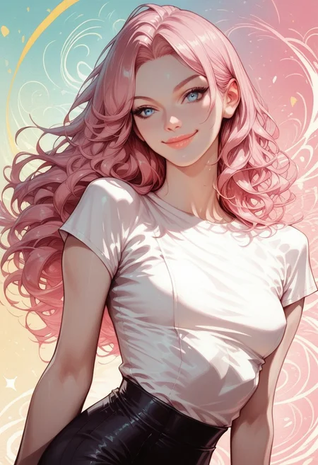 score_9, score_8_up, score_7_up, score_6_up, PollyStyleMix, 1woman, Keith, KeithRH, realistic, nordic woman, very pale skin, long blonde hair, gradient pink hair, parted bangs, blue eyes, slim, small breasts, abstract background, yellow-pink tint, detailed background, detailed eyes, detailed lips, sexy look, cowboy shot, dynamic pose, pinup pose, front view, pink cropped t-shirt, nipple peek, black leggings, pinup pose, smiling, closed mouth