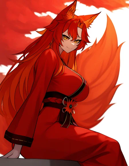 (masterpiece, best quality, highres, absurd res, newest,), 414n4, red hair, orange hair, red clothing, japanese clothes, maple leaf, smile, sitting, looking at viewer, happy, <lora:Smugalana_Illustrious:1>
