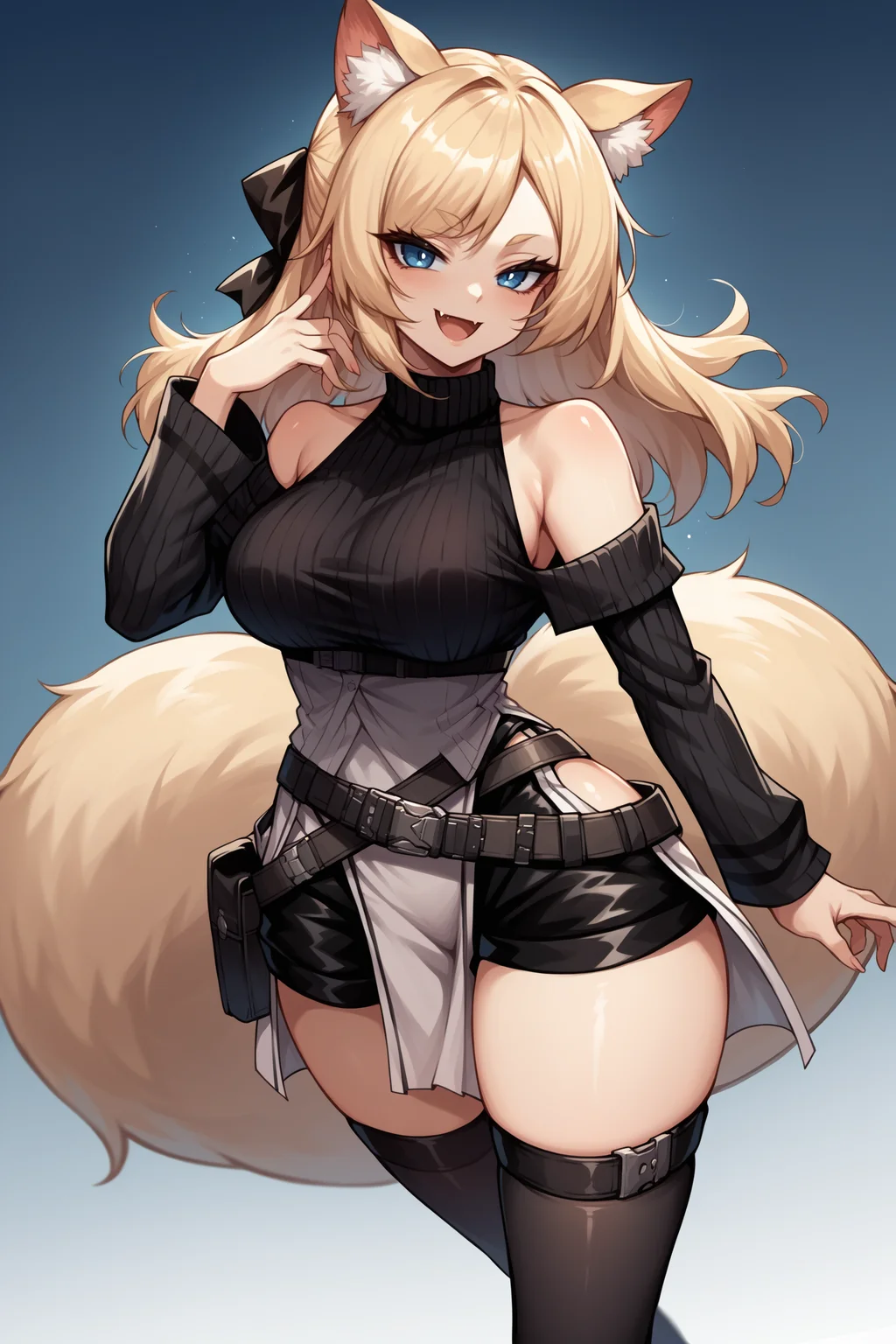 score_9, score_8_up, score_7_up, , rating_general,1girl ,wssd, animal ears, tail, hair ribbon, ribbed sweater, bare shoulders,  long sleeves, pouch belt, black shorts, pelvic curtain, black thighhighs, high heels, source_anime, smile, :3,  skin fang, open mouth, naughty face, <lora:WhislashPDCAMEv2L AK-000006:1>, cowboy shot, dynamic angle