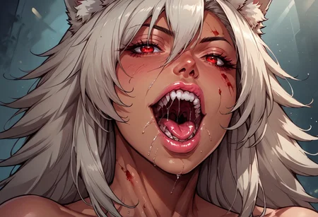 score_9, score_8_up, score_7_up, 1girl, black hair, solo, blood, red eyes, tongue, teeth, open mouth, long hair, blood on face, close-up, <lora:Fant5yP0ny:0.8>, ghislaine dedoldia, visible breast, pink gloss big bimbo lips, transparent saliva dripping, seductive look, touching her cheeks, super lovely, full head picture, wet eyeliner, drool