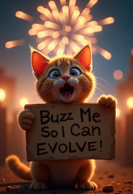 A cute cat, watching some fireworks with an over the top shocked facial expression, holding a sign it says "Buzz Me So I Can Evolve!", realistic, cinematic shot, head tilted back, large eyes, pointing at the viewer,