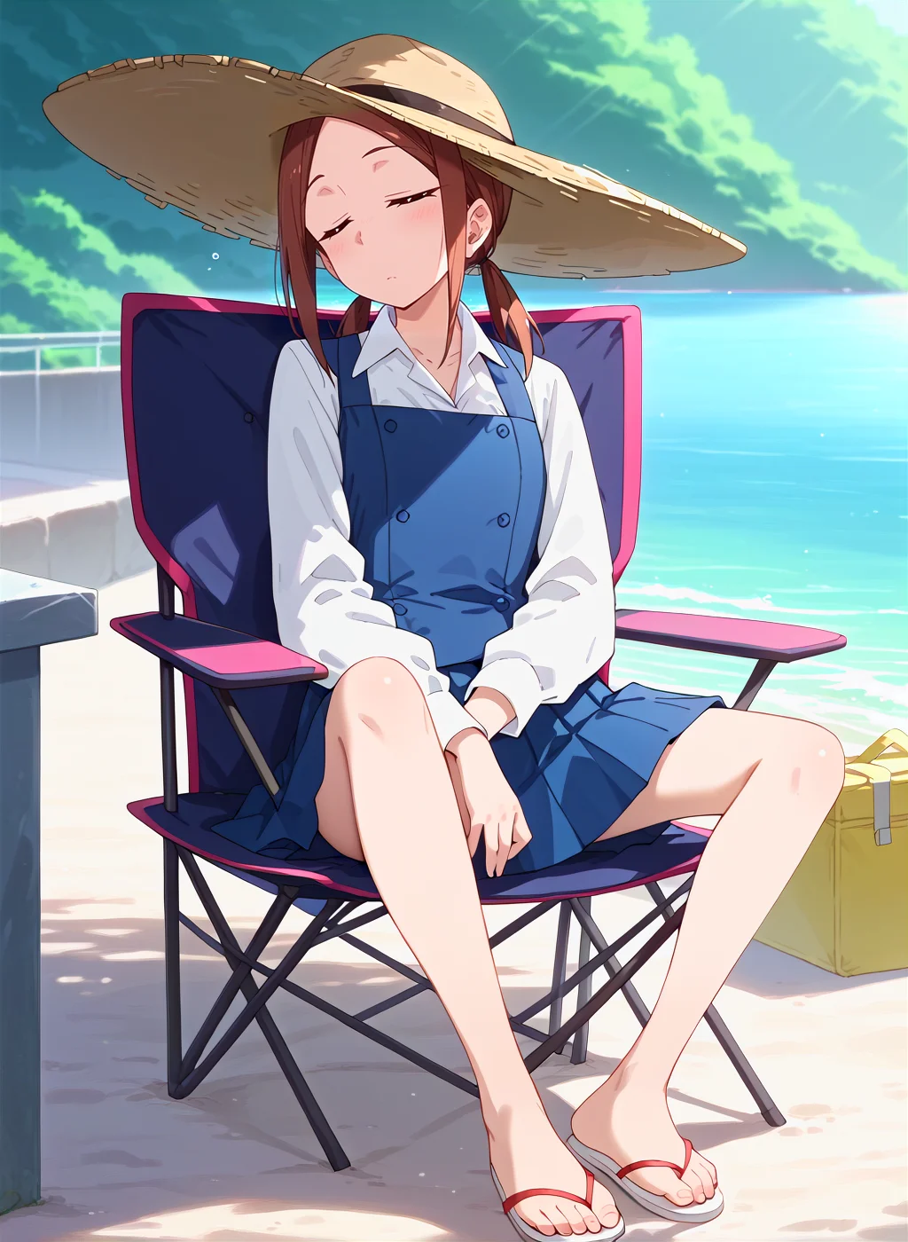 score_9,score_8_up,score_7_up,source_anime,anime,nsfw,rating_explicit,uncensored,High quality,Ultra detailed,best quality,insanely detailed,beautiful,masterpiece,perfect lighting BREAK
<lora:kuroiwa_yuki_V1:1>,(kuroiwa_yuki, brown hair, brown eyes, medium hair,low twintails, sidelocks,intermediate uniform,white shirt,collared shirt,long sleeves, blue vest,blue skirt, pleated skirt, barefoot,sandals),1girl,solo,outdoors,embankment,sea,straw hat,sitting,chair,sleeping,closed eyes,