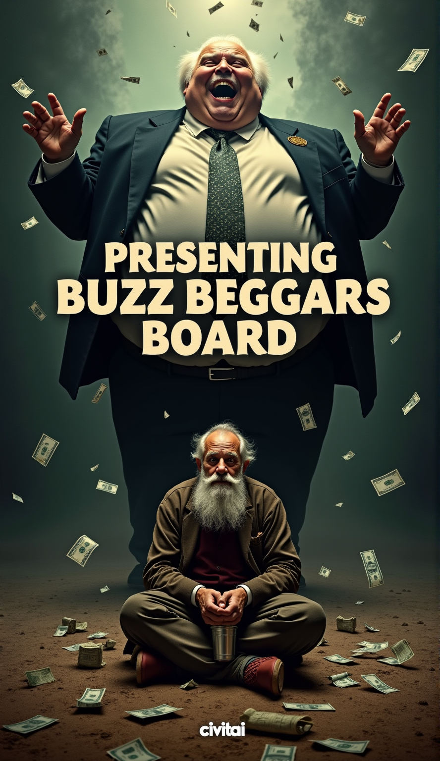 Create a retro-style movie poster for a comedy buddy film called 'PRESENTING Buzz Beggars Board'. feature a haunting portrait of economic disparity dominates this striking poster. A gaunt, elderly homeless man sits cross-legged on bare earth, his unkempt beard and tattered clothes a stark contrast to the opulence around him. His vacant stare is fixed on some unseen horizon as he clutches a dented tin cup. Dollar bills litter the ground, a pitiful reminder of the vast wealth gap. Towering above, an obscenely obese businessman His face is contorted in maniacal laughter, arms outstretched in triumphant glee. Money rains down around him in a swirling vortex, his ill-fitting suit and small  golden badge with a lighting symbol on it .  while the smoky background bleeds into the raining money to the  streets below. Harsh lighting casts deep shadows, amplifying the emotional impact. In bold, clear text, the phrase 'PRESENTING  Buzz Beggars Board' overlays the image, a declaration of defiance against the forces of economic injustice. At the bottom there is a small 'civitai' logo.