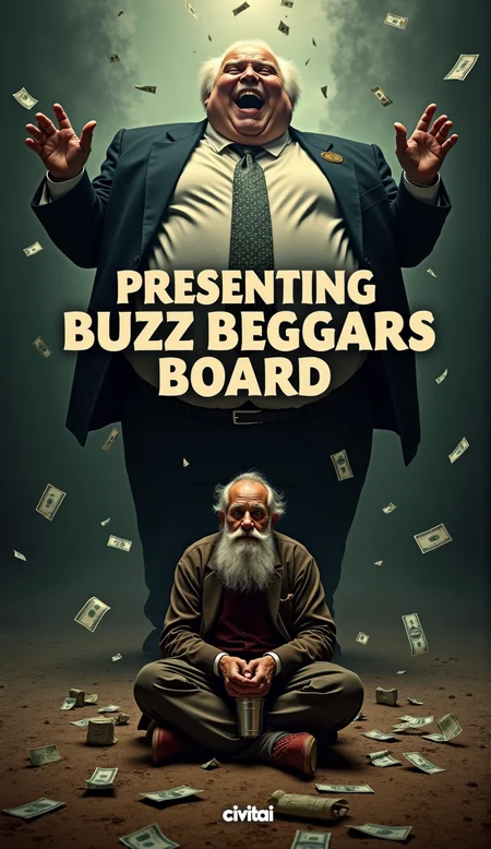 Create a retro-style movie poster for a comedy buddy film called 'PRESENTING Buzz Beggars Board'. feature a haunting portrait of economic disparity dominates this striking poster. A gaunt, elderly homeless man sits cross-legged on bare earth, his unkempt beard and tattered clothes a stark contrast to the opulence around him. His vacant stare is fixed on some unseen horizon as he clutches a dented tin cup. Dollar bills litter the ground, a pitiful reminder of the vast wealth gap. Towering above, an obscenely obese businessman His face is contorted in maniacal laughter, arms outstretched in triumphant glee. Money rains down around him in a swirling vortex, his ill-fitting suit and small  golden badge with a lighting symbol on it .  while the smoky background bleeds into the raining money to the  streets below. Harsh lighting casts deep shadows, amplifying the emotional impact. In bold, clear text, the phrase 'PRESENTING  Buzz Beggars Board' overlays the image, a declaration of defiance against the forces of economic injustice. At the bottom there is a small 'civitai' logo.