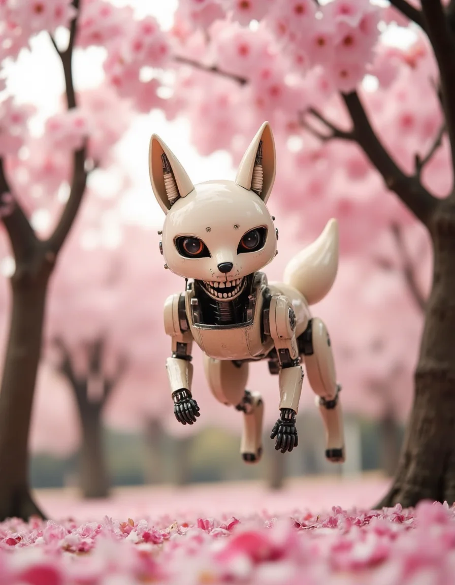 A fox-shaped mecha, painted in delicate shades of white and gold, leaps gracefully through a grove of cherry blossoms. The petals swirl around its sleek, minimalist body, catching on its pointed ears and tails, which trail with faintly glowing circuits. When it pauses beneath a blooming tree, it opens its mouth, revealing ral-rbotth, human-like teeth that glint softly in the pink-tinged sunlight. The unsettling realism of the teeth contrasts sharply with the ethereal beauty of the grove.
<lora:ral-rbotth-flux_000003000:1>