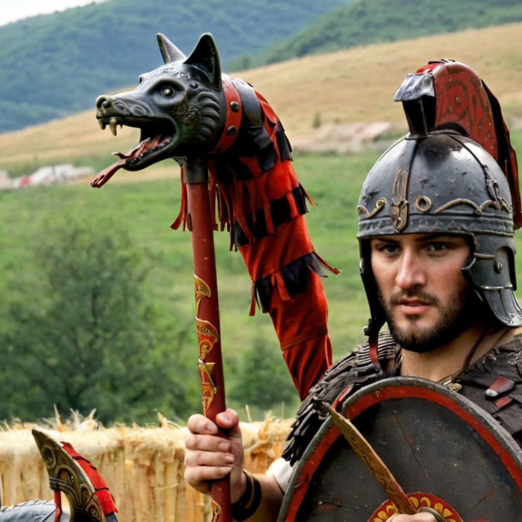 Roman soldier  holding a dacian draco covered in blood, burning city in the background<lora:daciandraco:1> draco, dacian, pole