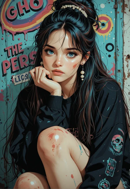 high_quality, highres, detailed_eyes, detailed, masterpiece, best quality, absurdres, 8k, HDR, face_focus, 
woman, messy_hairdo, hair_over_eyes, long_hair, long_waves, blue_eyes,
grunge, retro, popart,
hand_on_knee, pearls, side_glance, 
three-quarter_view