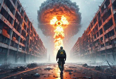 OPPENHEIMER, Scum game background, Chernobyl disaster, The nuclear power plant was destroyed after the explosion , Intercontinental ballistic missile Nuclear weapon, Russian alphabet, Apocalypse,girl, fire, glowing x, minimalist short outfit, anti social , escapade running, falling snow, cyberpunk ruined ancient city, intricate details,8k post production, faithful, Religious denomination, cinematic color