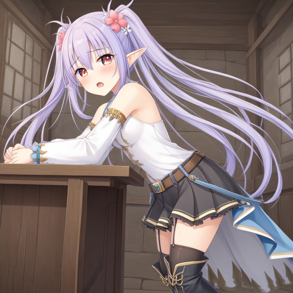a girl with blue hair with original hair style 
- A soft cotton priestess dress 
- A flowy, black-brown skirt (just above the knee)
- black thighhighs
- A pair of black boots
- mountain trail background 
- tulip flower 
- magic time straped on belt
- high ponytails hair style (1.5)
- from side( caught while doing masturbate using tip pointy table)
- emotionless
- smooth skin 
- HORNY