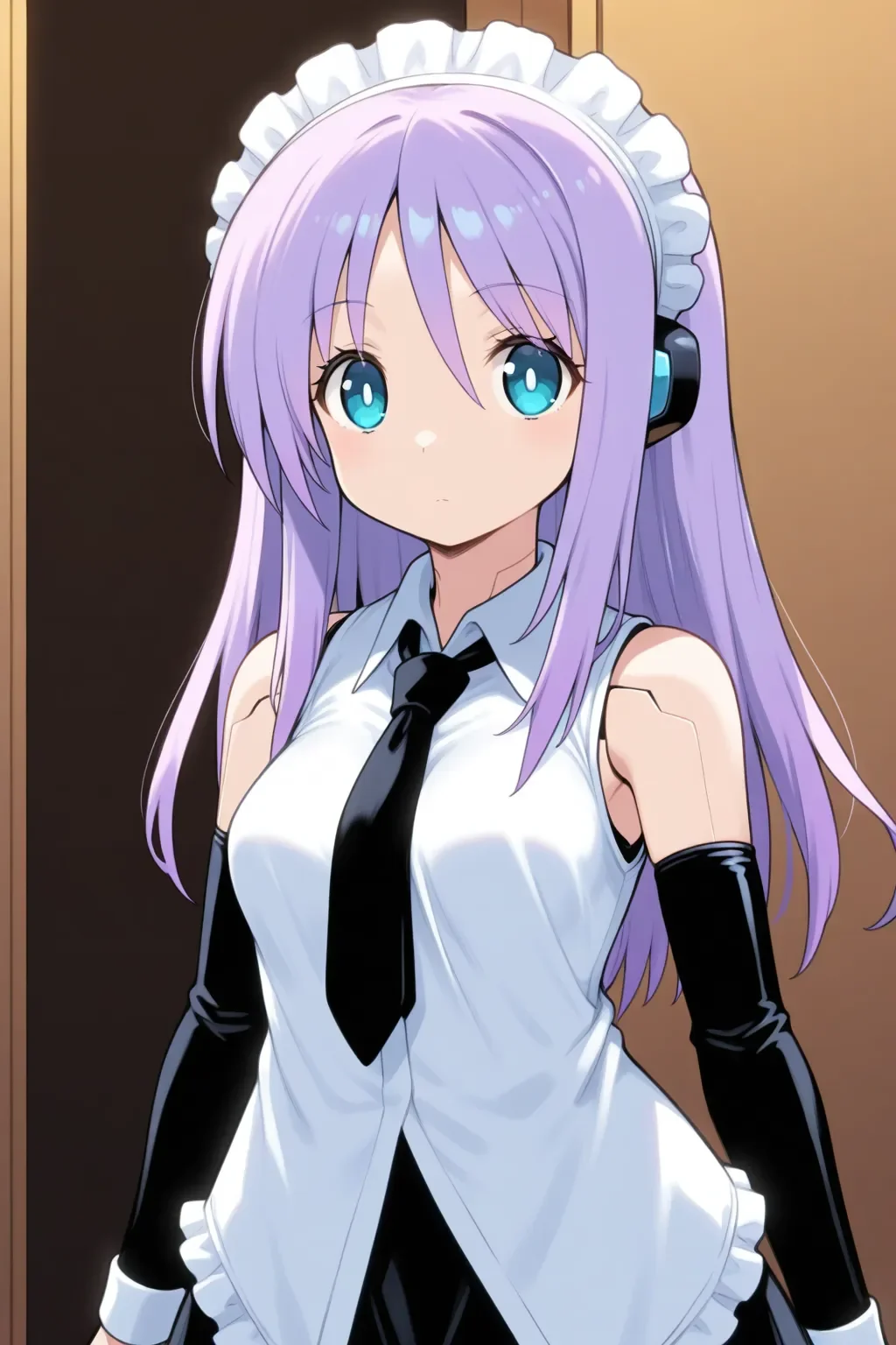 <lora:pugyuru_espel:1>masterpiece, best quality, pugyuru_espel, 1girl, solo, maid, detached sleeves, necktie, android, purple hair, bule eyes, looking at viewer, cowboy shot, dynamic pose