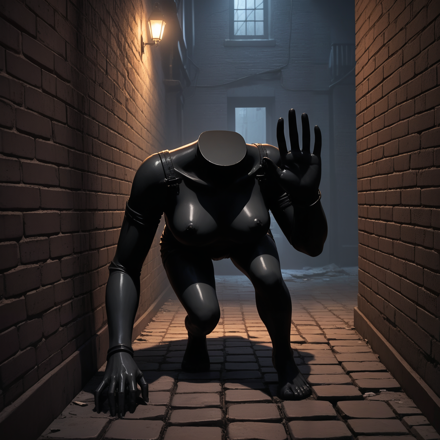 headless,detached,realistic,(crouching to one side :1.2),one hand on floor,scary jumpscare close up,eerie atmosphere, grunch, dark themed, Whispering darkness, moonless night, city streets eerily silent, massive footsteps echoing through alleys, girl's frightened heart pounding, hiding behind crumbling brick walls, eyes fixed on the looming silhouette, searching for her, danger lurking around every corner, desperation fueled by fear.